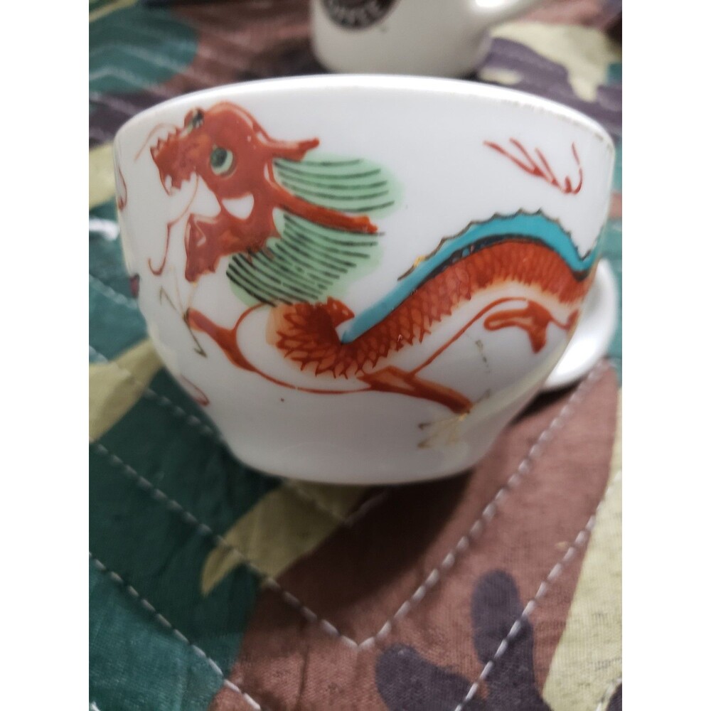 Vintage Asian Porcelain Teacup Hand Painted Dragon Motif Red Stamp